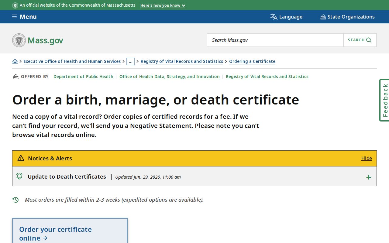 Middlesex County residents directory vital-record ordering options